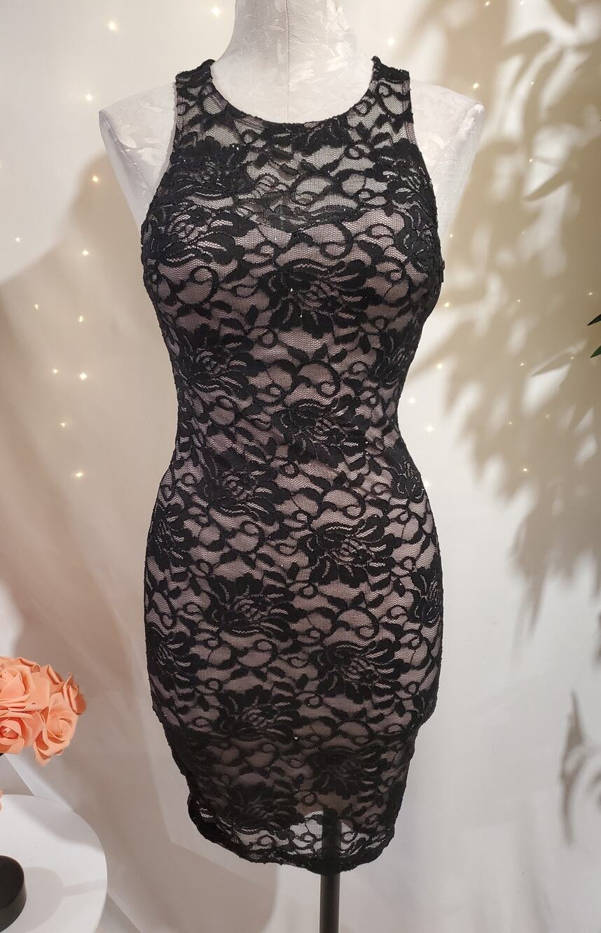 Vtg My Michelle Lace Sparkle Sheer Overlay Open Back Bodycon Dress 3 Y2K Black